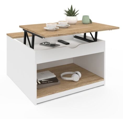 IDMARKET Table basse plateau relevable carrée ELEA avec coffre bois blanc et façon hêtre
