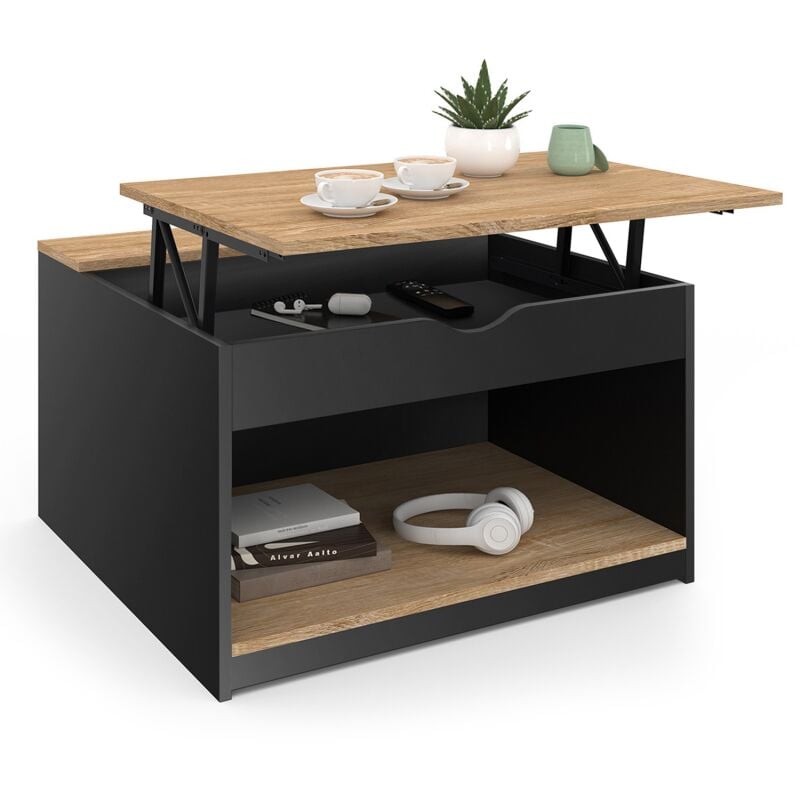 Table basse plateau relevable carrée ELEA avec coffre bois noir et façon hêtre