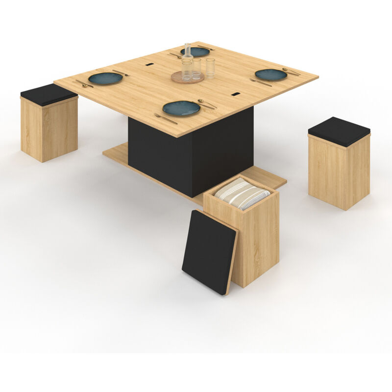 Idmarket – Table basse relevable convertible en table à manger – Dimensions 100x55-110 cm – Bois mélaminé noir avec poufs de rangement – Hauteur