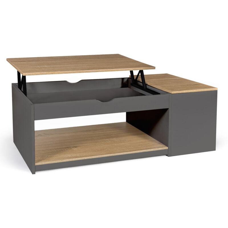 Table basse plateau relevable rectangulaire ELEA avec coffre bois gris et façon hêtre