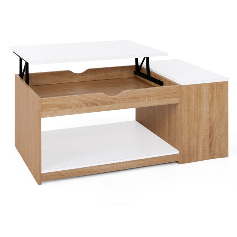 Idmarket - Table basse plateau relevable rectangulaire elea avec coffre bois façon hêtre et blanc