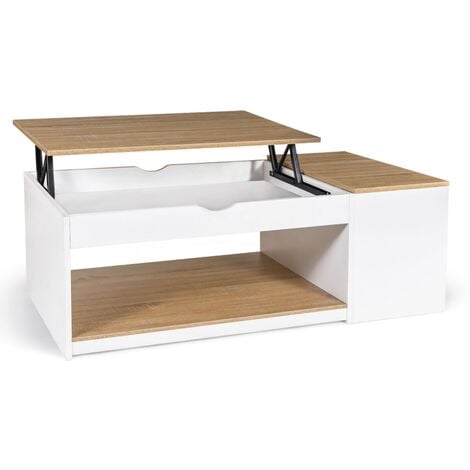 Table basse plateau relevable ELEA avec coffre bois blanc et façon hêtre - Blanc