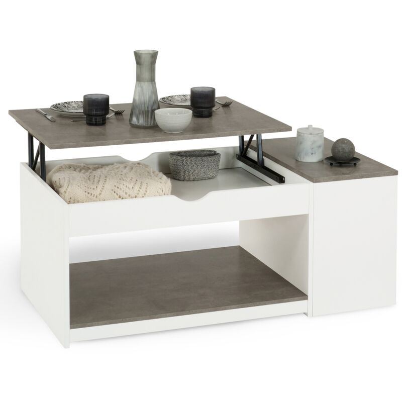 Idmarket - Table basse plateau relevable rectangulaire elea avec coffre bois blanc et effet béton