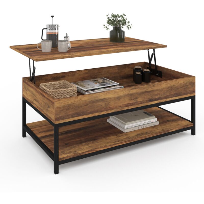 Table basse plateau relevable intégral hawkins et étagère inférieure bois foncé design industriel