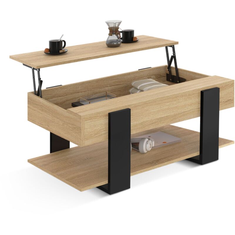 Idmarket - Table basse plateau relevable intégral rectangulaire phoenix et étagère inférieure bois et noir