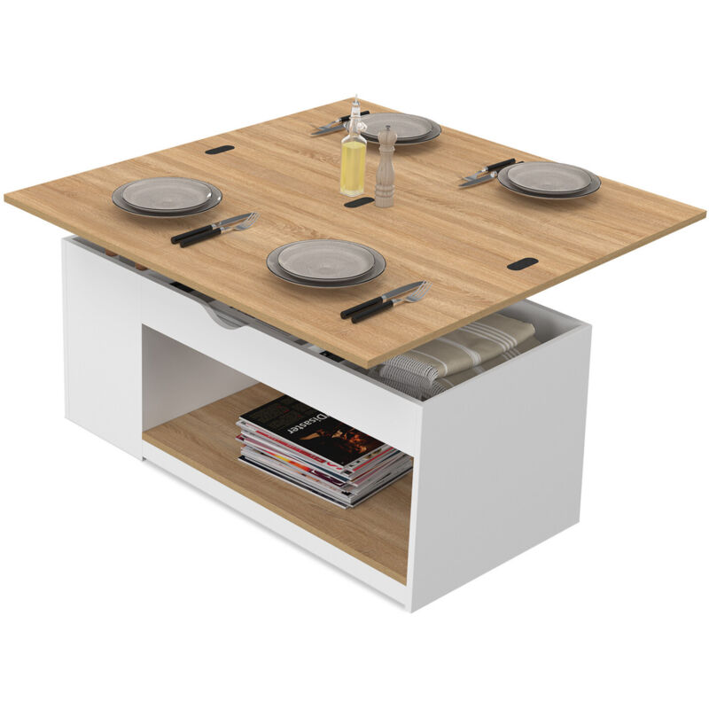 Table basse plateau relevable rectangulaire convertible en table à manger ELEA 100 cm bois blanc et façon hêtre