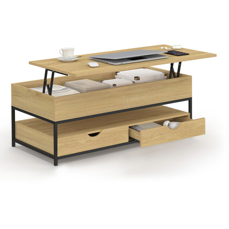 Idmarket – Table basse relevable rectangulaire 100x50cm – 2 tiroirs – Mécanisme en acier laqué – Design industriel en panneaux de particules