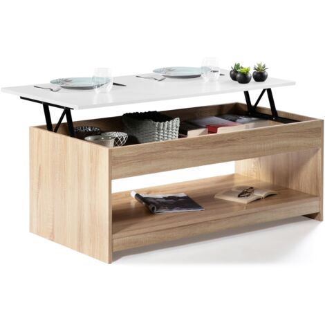 Table basse plateau relevable Soa bois imitation hêtre plateau blanc
