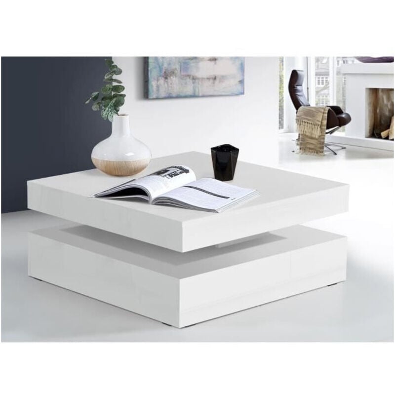 Forte - Table basse plateau rotatif - Carré Blanc brillant - 78 x 78 x 36 cm