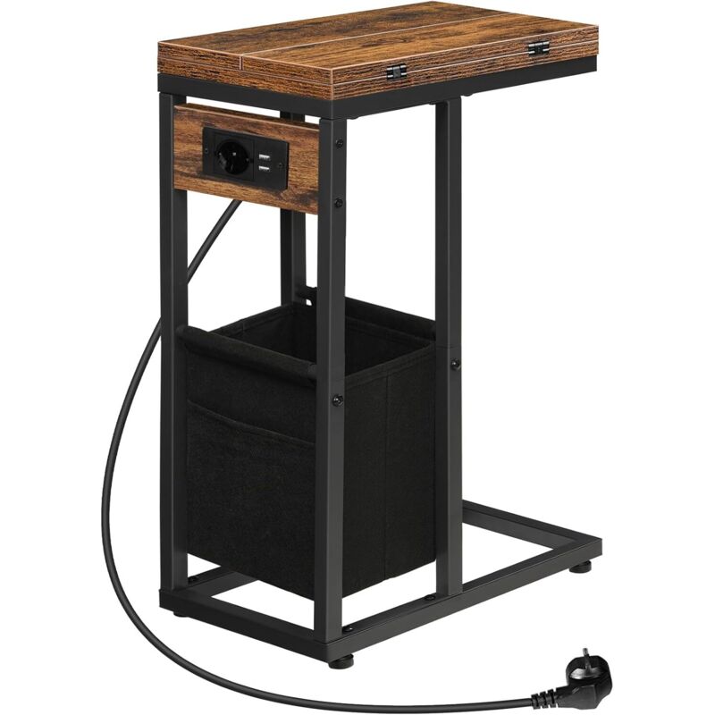 Table Basse Pliable avec Station de Charge, Table d'Appoint en Forme de C avec Poche en Tissu, Petite Table à Collation pour Petits Espaces, Marron