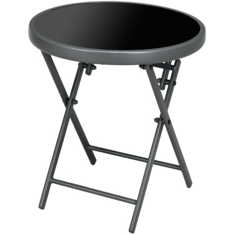 Table basse pliable d'appoint dia. 45 cm acier gris plateau verre trempé noir