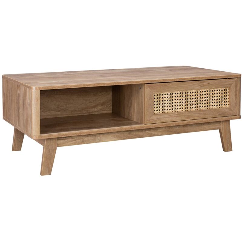 Table basse avec 2 niches. 1 porte coulissante. effet bois et cannage. pieds eucalyptus