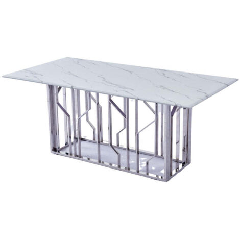 Table Basse PORTOFINO Plateau Verre Trempé Effet Marbré Blanc Pieds Chrome 120x70x45cm