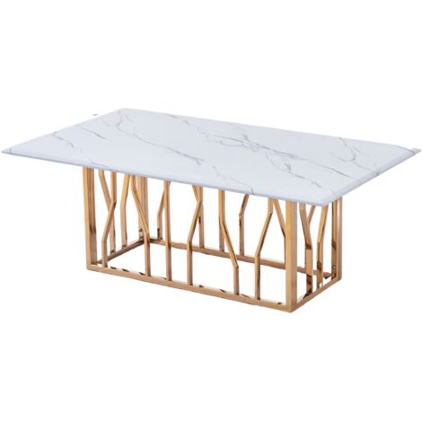 Table Basse PORTOFINO Plateau Verre Trempé Effet Marbré Blanc Pieds Gold 120x70x45cm
