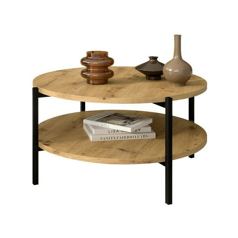 Mobilier1 - Table basse Providence 181, Chêne Artisan + Noir, 42x0x0cm, Diamètre: 85, Stratifié, Rond
