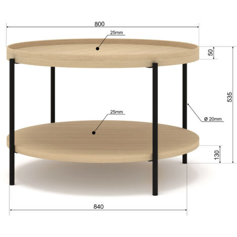 Table basse PUFFIN – bois véritable, placage chêne naturel, pieds métalliques, livrée montée