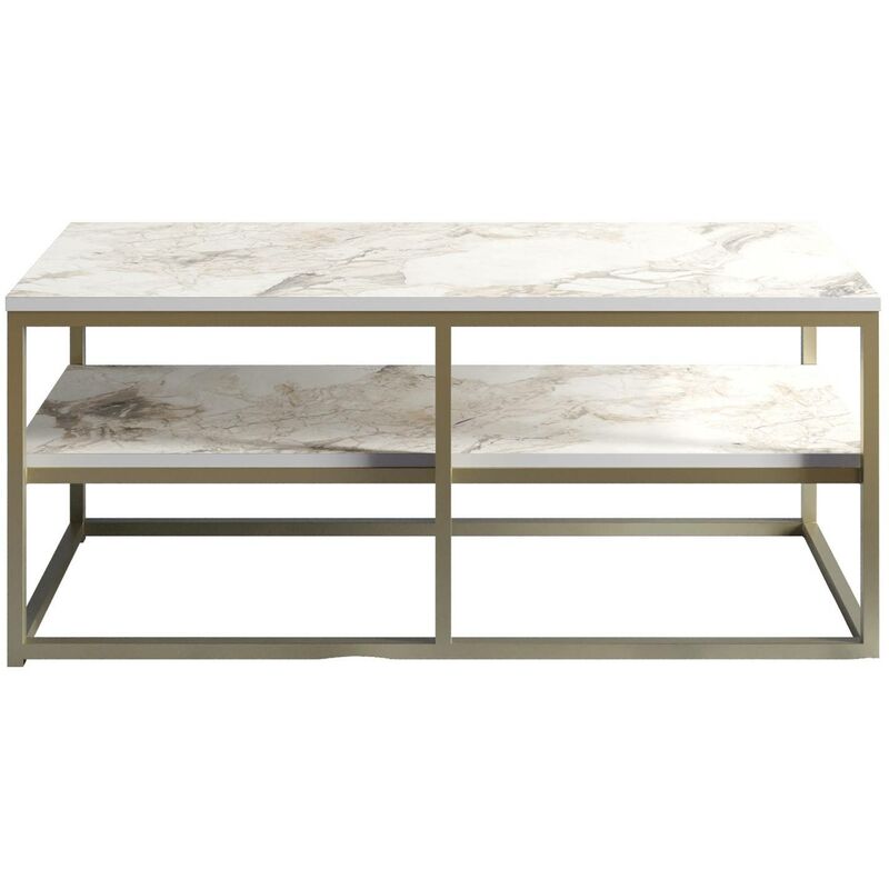 table basse rectangle cubicum 2 tablettes bois marbre blanc et métal or - or
