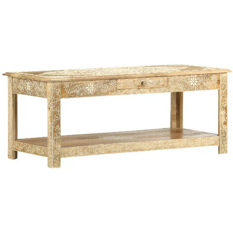 Table basse rectangulaire 1 tiroir manguier massif clair sculpté Ratu
