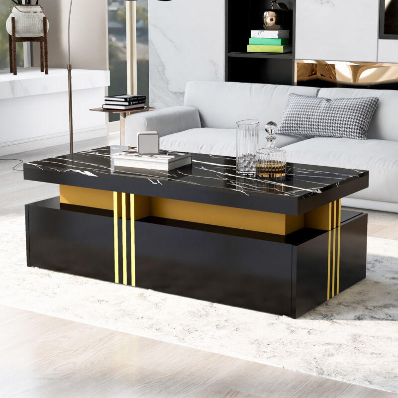 Hauss Spole - Table basse rectangulaire 100×50×40cm, 2 tiroirs, motif marbre, table de salon, table d'appoint, noir