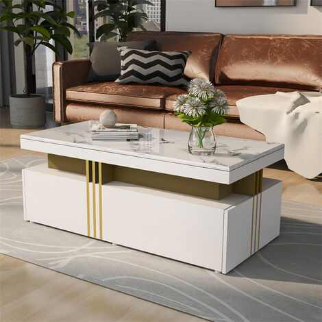 ELBS Table basse rectangulaire 100x50x40cm - Table moderne avec plateau à motifs marbre en PVC et 2 tiroirs en bois - Table de salon Blanc