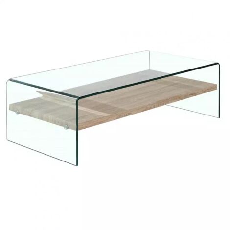 Table basse rectangulaire 110 cm en verre trempé – Étagère décor bois – Épaisseur verre 12 mm – Hauteur 35 cm – Profondeur 55 cm – Meubletmoi