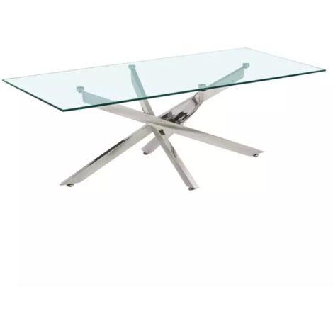 Table basse rectangulaire 120 cm en verre trempé – Piètement métal chromé en étoile – Design minimaliste et contemporain – Montage facile – Meubletmoi