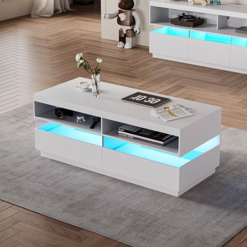 Table basse rectangulaire 122 cm, avec éclairage led, 2 tiroirs, 2 étagères, espace de rangement, laqué table de salon en bois - Blanc