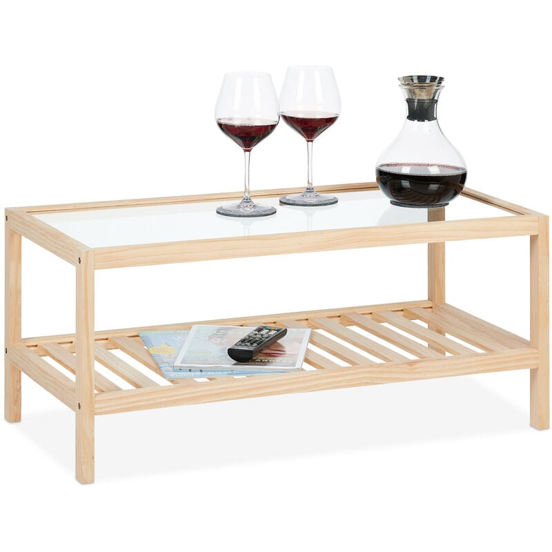 Relaxdays - Table basse rectangulaire, 2 niveaux, bois et verre, h x l x p : 35 x 80 x 40 cm, pour le salon, naturelle