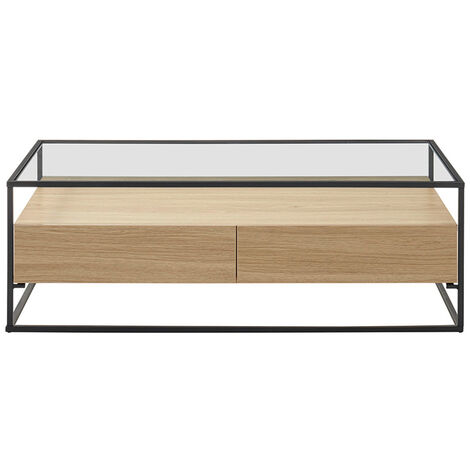 Table basse rectangulaire 2 tiroirs verre trempé, bois clair finition chêne et métal noir FINN - Chêne clair