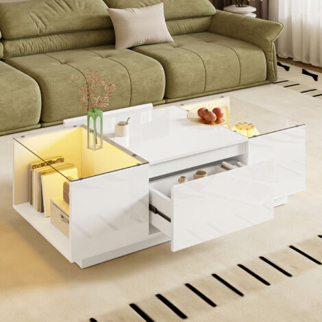 Table basse rectangulaire à LED avec rangement, 2 tiroirs, plateau en verre, 105×50×35 cm, blanc
