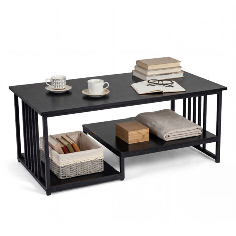 Table Basse Rectangulaire avec 2 Étagères de Rangement et Cadre Métallique, Table d'Appoint 110 x 60 x 45 cm, pour Salon Bureau, Noir