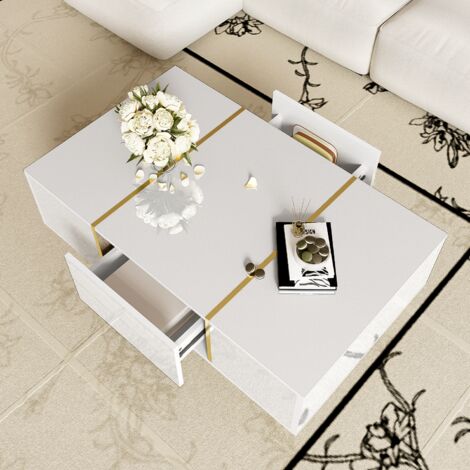 Table Basse Rectangulaire avec 2 Tiroirs, Finition Laquée Brillante, pour Salon, MDF, Blanc, 100 x 60 x 41.5 cm