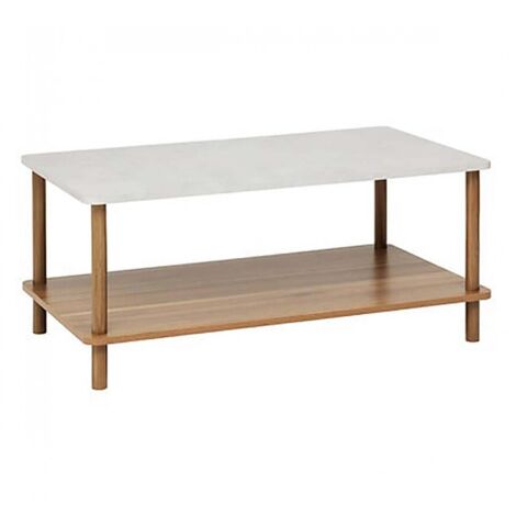 Table basse rectangulaire avec étagère inférieure, coloris blanc/marron - Longueur 90 x Profondeur 50 x Hauteur 40 cm
