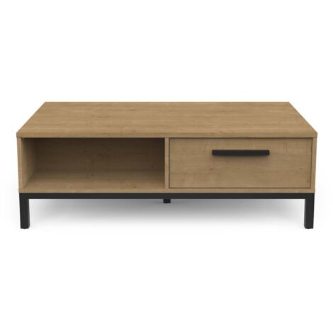 Table basse rectangulaire avec rangement 2 niches 2 tiroirs couleur chêne / noir mat - Largeur 110,4 x Profondeur 60 x Hauteur 36,9 cm
