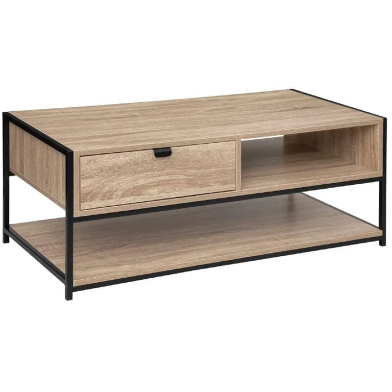 Table basse rectangulaire avec rangement en bois naturel avec pieds en métal noir - Longueur 100 x Profondeur 40 x Hauteur 50 cm