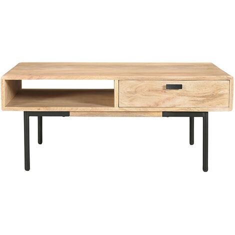 Table basse rectangulaire avec rangements 2 tiroirs en bois clair manguier massif et métal noir L100 cm JUDE - Naturel