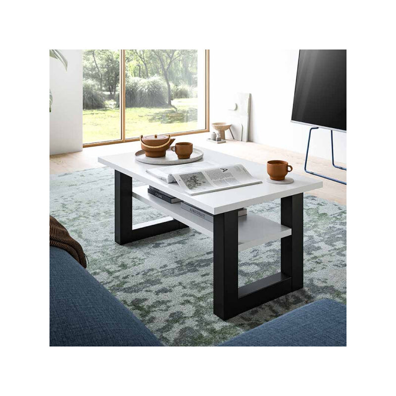 Table Basse Rectangulaire Blanc/Gris- telteas - Dimensions : l 90 x l 50 x h 42 cm