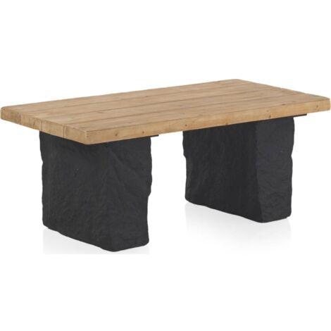 Table basse rectangulaire bois naturel et base effet pierre noire - Bois clair et noir texturé