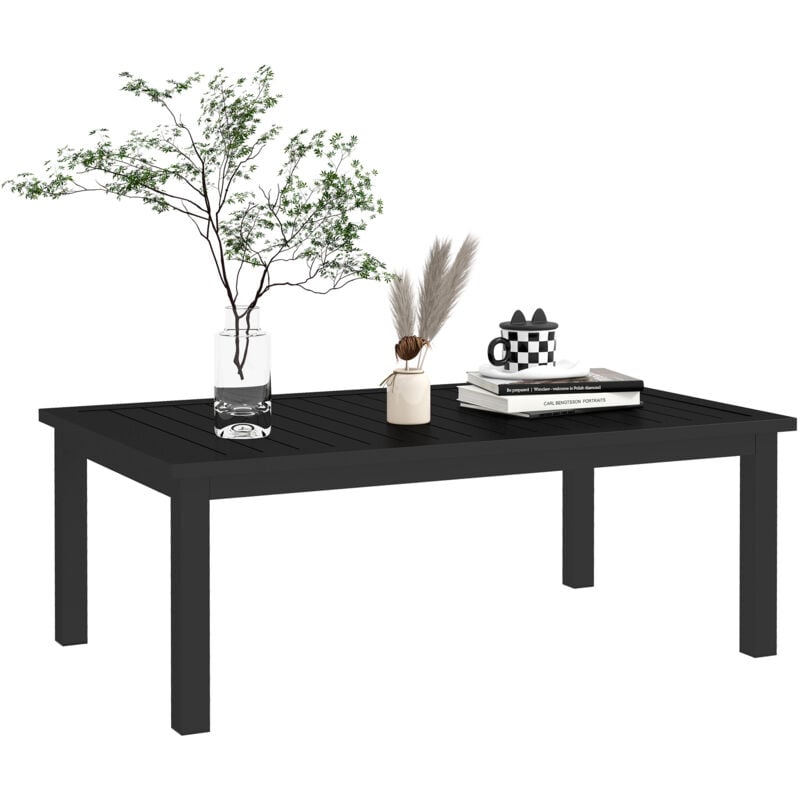 Table basse rectangulaire de jardin plateau à lattes dim. 100L x 60l x 37H cm pieds antidérapants alu noir