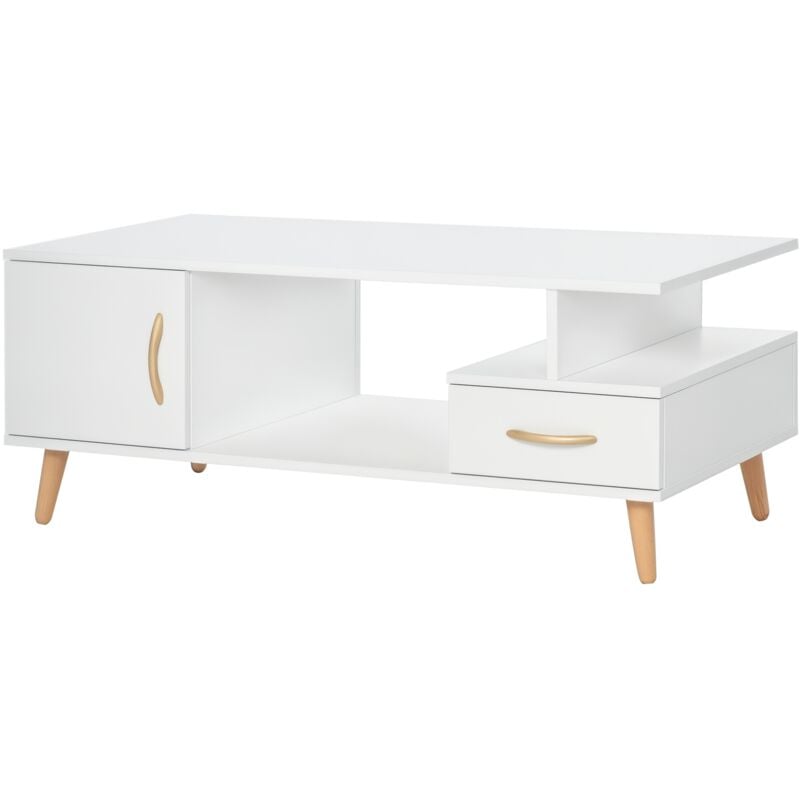 Homcom - Table basse rectangulaire design scandinave 100L x 50l x 40H cm niche + tiroir & placard bois massif pin panneaux particules blanc