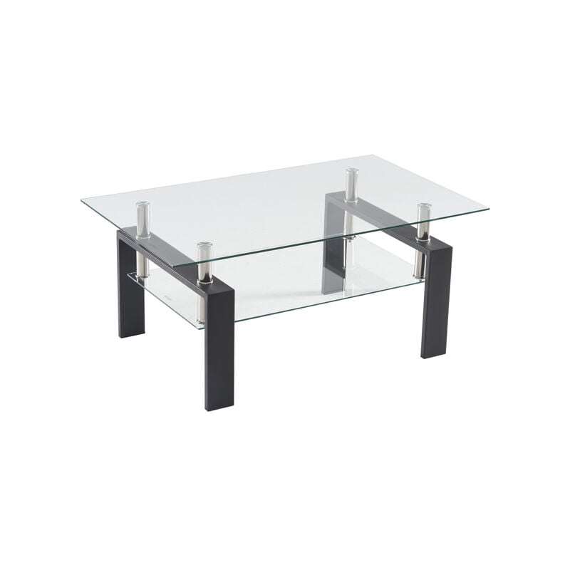 Table basse rectangulaire double couche en verre trempé, pieds en tube de fer, 100x60x43cm, noir