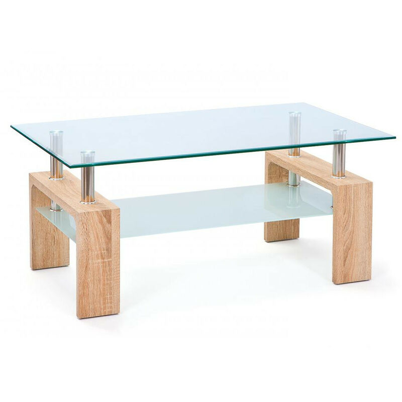 Table basse rectangulaire verre et pieds chêne clair Eva 100 cm