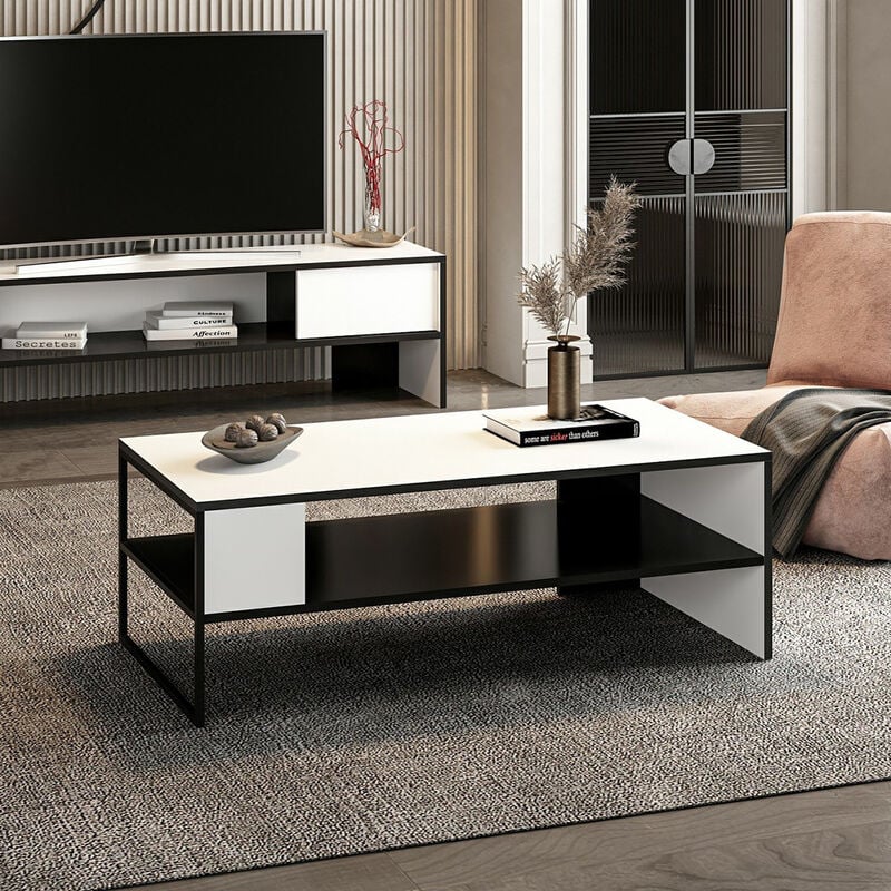 [en.casa] - Table basse rectangulaire Ejby avec espace de rangement noir / blanc