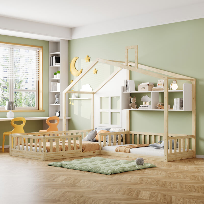 Lit cabane enfant 90x200 avec étagère de rangement pour 2 personnes, lit double pour enfant avec sommier à lattes, sommier 90x200/140x70 2 places