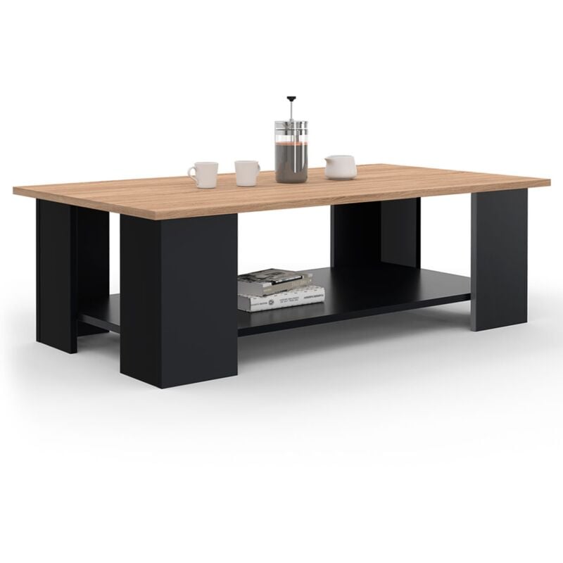 Table basse rectangulaire eli noir plateau façon hêtre 100 cm