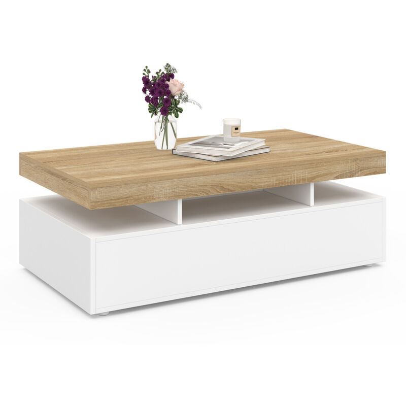 Table basse rectangulaire ELSA 2 tiroirs en bois blanc et plateau façon