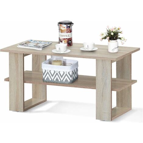 Table basse rectangulaire en bois 80 x 39,5 x 40cm avec 2 etages de rangement, chêne