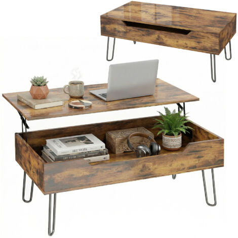 Table Basse Rectangulaire en Bois avec Grand Rangement Caché, Hauteur Réglable, 95 x 50 x 40 cm, Marron Rustique
