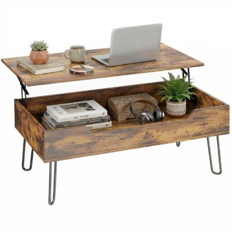 Table basse rectangulaire en bois massif avec grand rangement caché, hauteur réglable, 95x50x40 cm, marron rustique – idéale pour salon, meuble de rangement design et pratique.