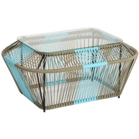 Table basse rectangulaire en métal et verre, turquoise et naturel 88x60x40cm
